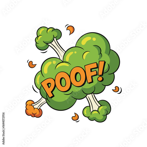Poof Comic Burst Effect. Illustrative green smoke explosion with orange lettering, signifying a swift vanishing act or a whimsical magic moment. Perfect for a fun, surprising graphic.
