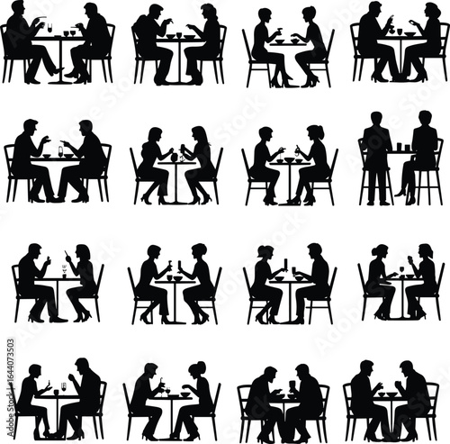 Silhouettes of couples dining together at tables, romantic restaurant scene icons, black vector illustration set