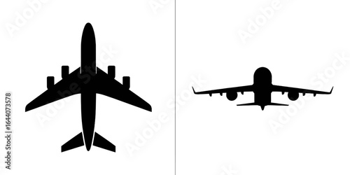 Silhouettes of commercial airplanes from different angles for aviation and travel concepts