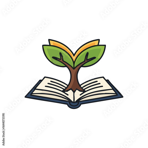 Book and Tree Knowledge Growth. Vibrant emblem representing how learning and wisdom cultivate personal development. A lush plant thrives from an open publication, symbolizing progress.
