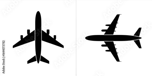 Silhouette of passenger airplanes from top and side view isolated on white background vector