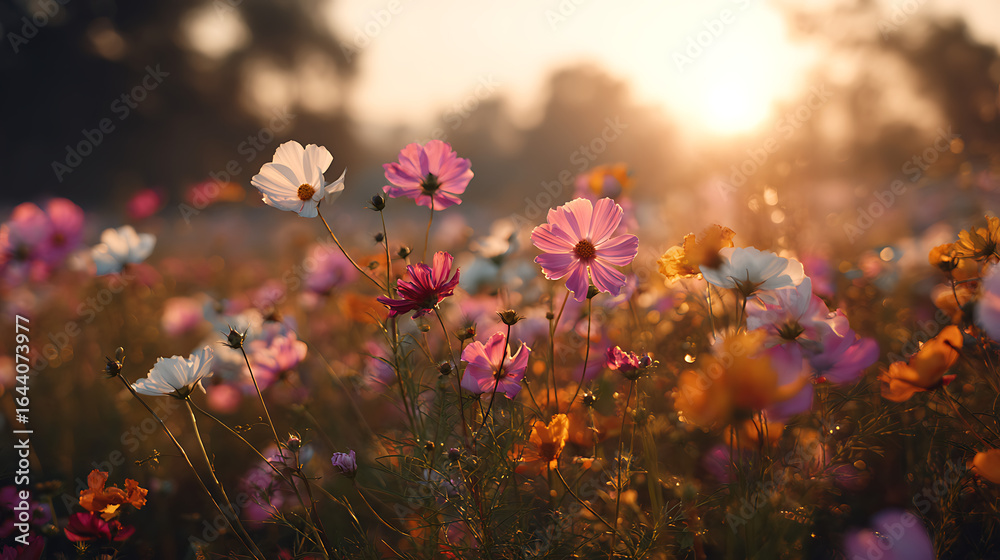 Obraz premium Delicate cosmos blossoms bathed in golden hour sunlight wildflowers pink