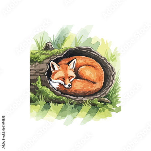 Peaceful Fox Resting in Wood. A tranquil vulpine creature slumbers soundly within a snug hollowed tree trunk, nestled among verdant foliage. Represents comfort and serenity.