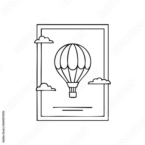 Floating Balloon Dream Art. Charming monochrome illustration of an airship gliding with clouds inside a neat border. Evokes wanderlust, adventure, and calm escapism.
