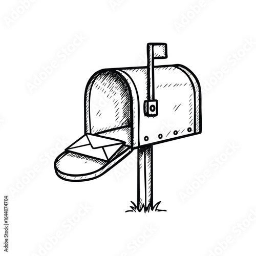 Hand Drawn Mailbox Illustration. Stylized doodle art depicts a traditional postbox with a white flag raised and an incoming message. This symbol conveys communication and news delivery.