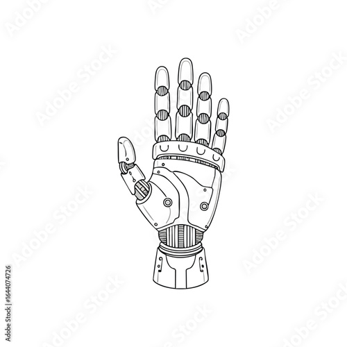 Futuristic Robotic Hand Illustration. Clean white line art of a mechanical arm, representing artificial intelligence, advanced automation, and human machine interaction.