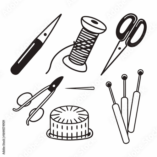 Hand drawn sewing tools isolated on white background featuring needle, thread, scissor and pincushion