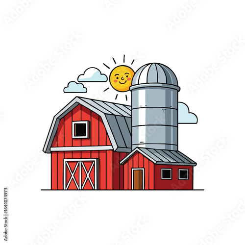 Cheerful Farm Barn Silo Illustration. Vibrant agricultural building and grain tower with a smiling sun above. Represents rural contentment and peaceful country living.