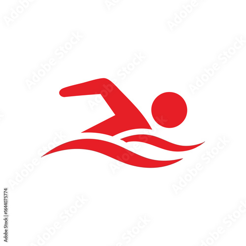 Red Swimmer Icon. A striking crimson emblem depicts an individual propelling through water, symbolizing health, fitness, and aquatic recreation. Perfect for active lifestyle themes.