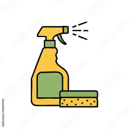 Cleaning Supplies and Sponge. This illustration features a spray bottle and scrubbing pad, embodying freshness, hygiene, and domestic care for a pristine home.