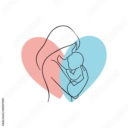 Tender Motherhood Embrace. This abstract illustration beautifully depicts the profound connection and unconditional devotion between a guardian and their infant, nestled within a symbolic heart.