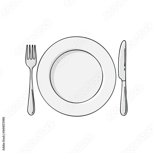 Elegant Dining Table Place Setting. A sleek, bright serving dish accompanied by stylish eating tools. This simple graphic represents readiness and hospitality for any culinary experience.