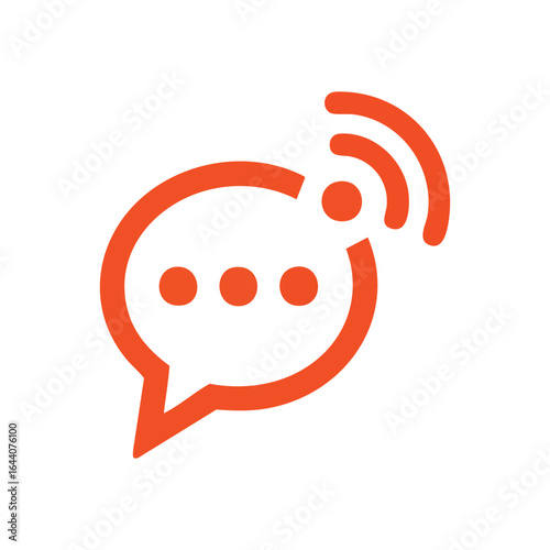 Live Chat Broadcast Icon. Vibrant orange graphic depicting online messaging with a wireless signal. Represents interactive digital discussions and audio content transmission.