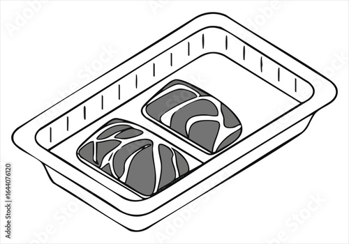 Drawing Of Two Marbled Meat Cuts In A Three Compartment Tray beef pork