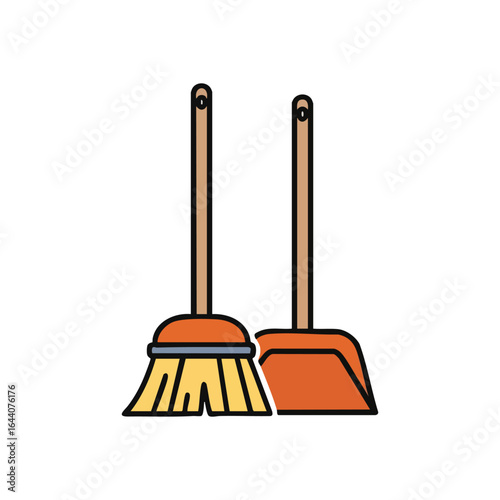 Cleaning Essentials Broom and Dustpan. Vibrant illustration of everyday sweep and collect implements. This graphic symbolizes hygiene, domestic order, and tidiness for various projects.