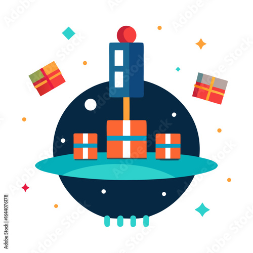 Space gifts and a ufo delivering presents in the night sky