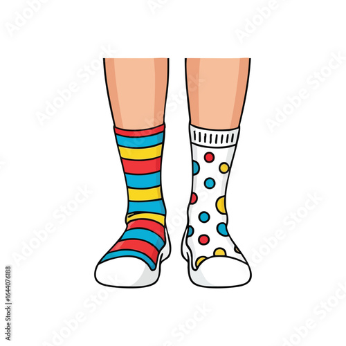 Vibrant Mismatched Socks. Colorful hosiery with diverse patterns highlights a fun and unique fashion statement. It evokes feelings of whimsy and celebrating personal style.