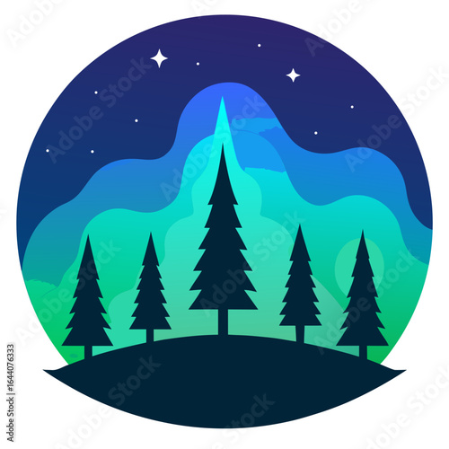 Stylized aurora borealis over pine forest silhouette