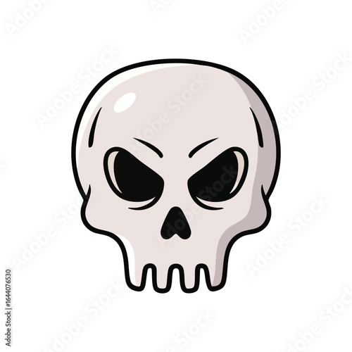 Angry Cartoon Skull Icon. This menacing animated cranium graphic represents danger and warning. Its fierce expression and dark sockets convey a spooky, intimidating aura, ideal for Halloween themes.
