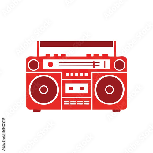 Retro Red Boombox Icon. Vibrant crimson audio player with vintage aesthetic. This graphic symbolizes old-school hip hop, a groovy soundtrack, and musical energy.
