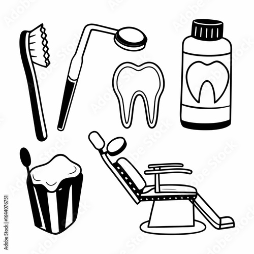 Dental hygiene equipment and teeth are isolated on white background in a hand drawn illustration