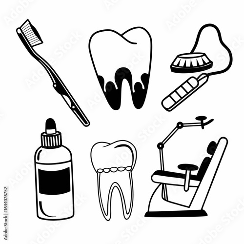 Dental care equipment and tooth illustrations isolated on white background for design and decoration
