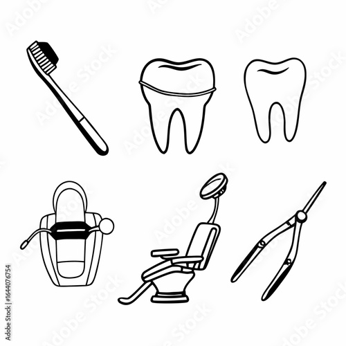 Dental hygiene equipment and teeth are isolated on white background in a hand drawn illustration