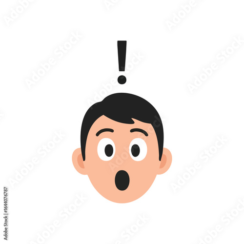 Surprised Man Face with Exclamation. An illustrated male character's head expresses profound astonishment, symbolized by an exclamation mark. Perfect for conveying sudden insight or a eureka moment.