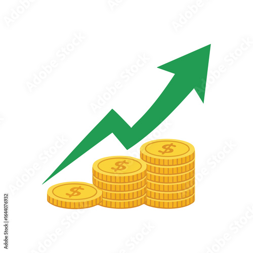 Growing Wealth Investment Success. This illustration depicts ascending monetary stacks alongside a vibrant green upward indicator, signifying thriving financial progress and accumulating assets.