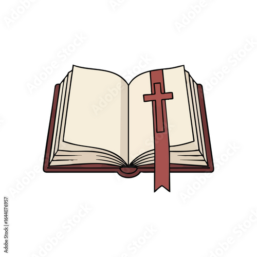 Open Bible with Christian Cross. This devotional volume with a sacred marker symbolizes faith, hope, and spiritual guidance. An emblem of devotion and religious education.