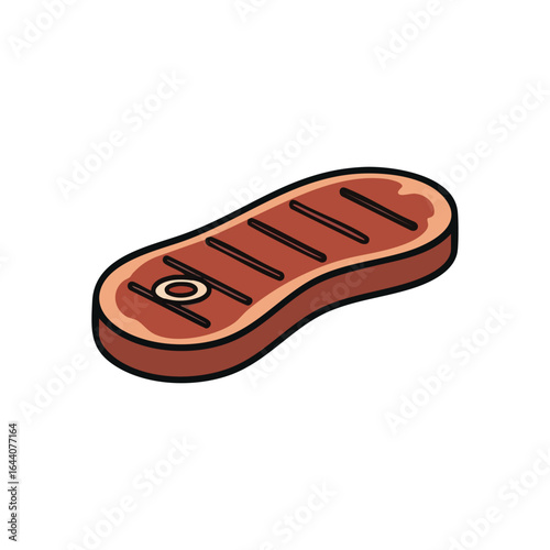 Grilled Steak Isometric Illustration. Vibrant flat design graphic of a perfectly seared beef cut, featuring distinct char marks. Conveys culinary delight, appetite, and savory meal experiences.