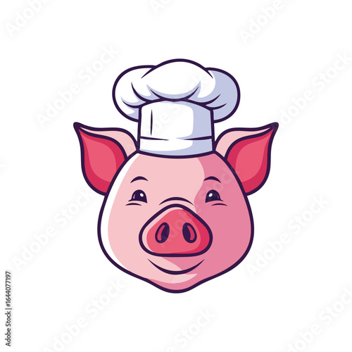Happy Pig Chef Character. A cheerful pink swine wears a crisp white hat, embodying a love for cooking and a welcoming spirit.