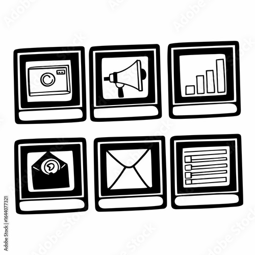 Illustration of social media icons including camera, megaphone, graph, email, list isolated on white background