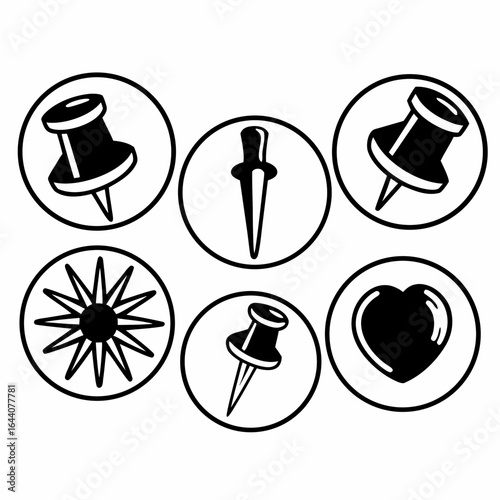 Illustration of pins, pushpins, tacks, thumbtacks, markers, and a heart isolated on white background