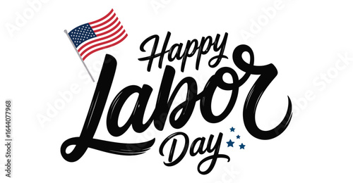 Happy Labor Day USA greeting card featuring stylish typography, small American flag above text, and three blue stars below for festive tribute