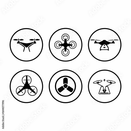 Set of drone icons isolated on white background representing aerial technology and modern innovation
