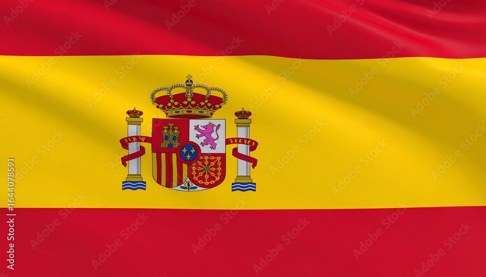 Obraz premium Spanish flag with red-yellow-red horizontal stripes and central coat of arms featuring crown, shield, and columns.