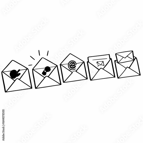 Collection of opened envelopes with different symbols isolated on white background, representing email marketing