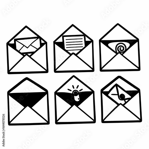 Set of opened envelopes with different symbols isolated on white background, representing email marketing concept