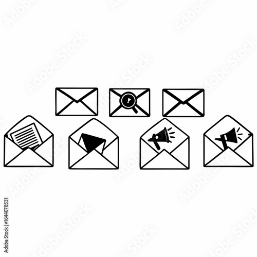 Collection of opened and closed envelopes with different symbols isolated on white background, email marketing