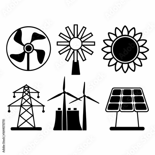 Renewable energy icon set with solar panel, wind turbine, and power grid isolated on white background