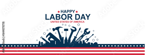 Happy Labor Day USA greeting card featuring bold text, red-white-blue background, and silhouetted tools symbolizing American workforce tribute