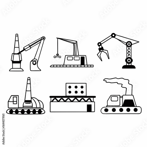 Illustration of industrial factory machines and cranes isolated on white background for graphic design