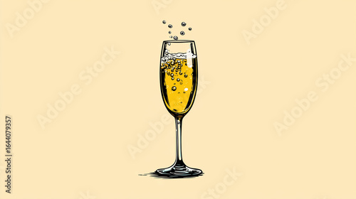 Minimal realistic champagne glass half-filled, bubbles rising