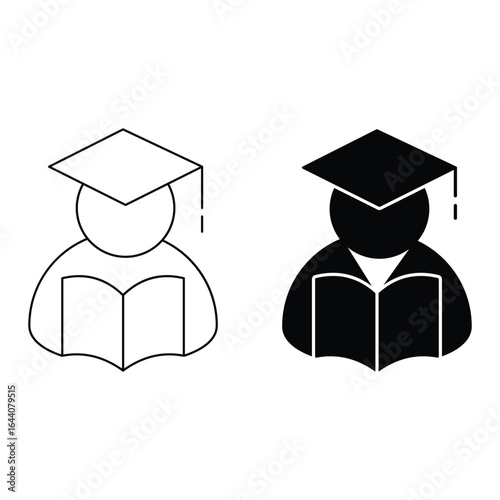 Graduation student reading book icon set vector illustration representing education learning knowledge success academic ceremony study minimal glyph outline graphic.
