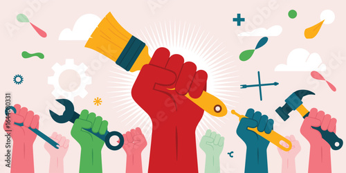 Labor Day illustration featuring raised fists in red, green, and blue holding tools like wrench, hammer, and paintbrush with abstract gear symbols