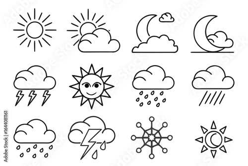 A complete weather forecast icon set including sun, cloud, rain, snow, and wind symbols for meteorology and climate design