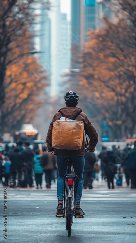 A bicyclist rides through a bustling city street, surrounded by autumn foliage and pedestrians