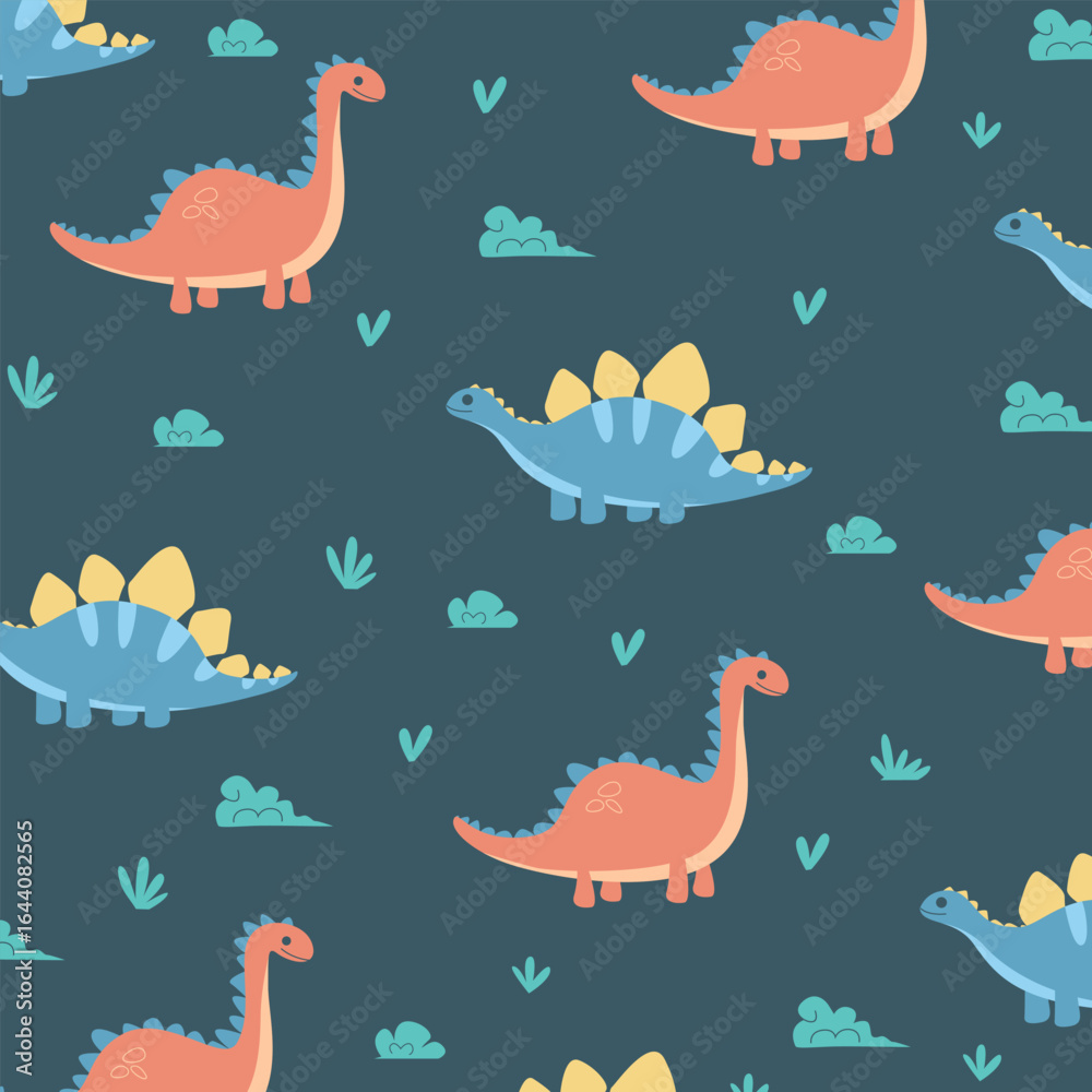Obraz premium dinosaur brontosaurus and stegosaurus seamless pattern cartoon vector design for kids apparel fullprint fabric
