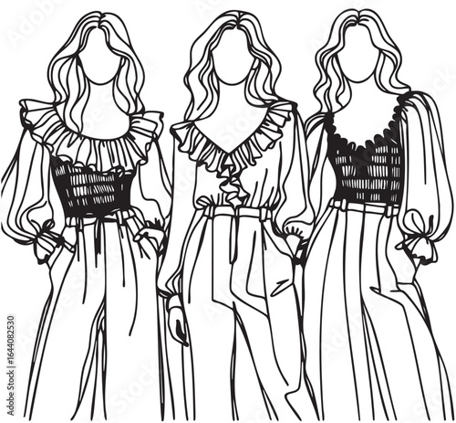 Three Girls in blouse with ruffles and pants illustration. Fashion line doodles sketch